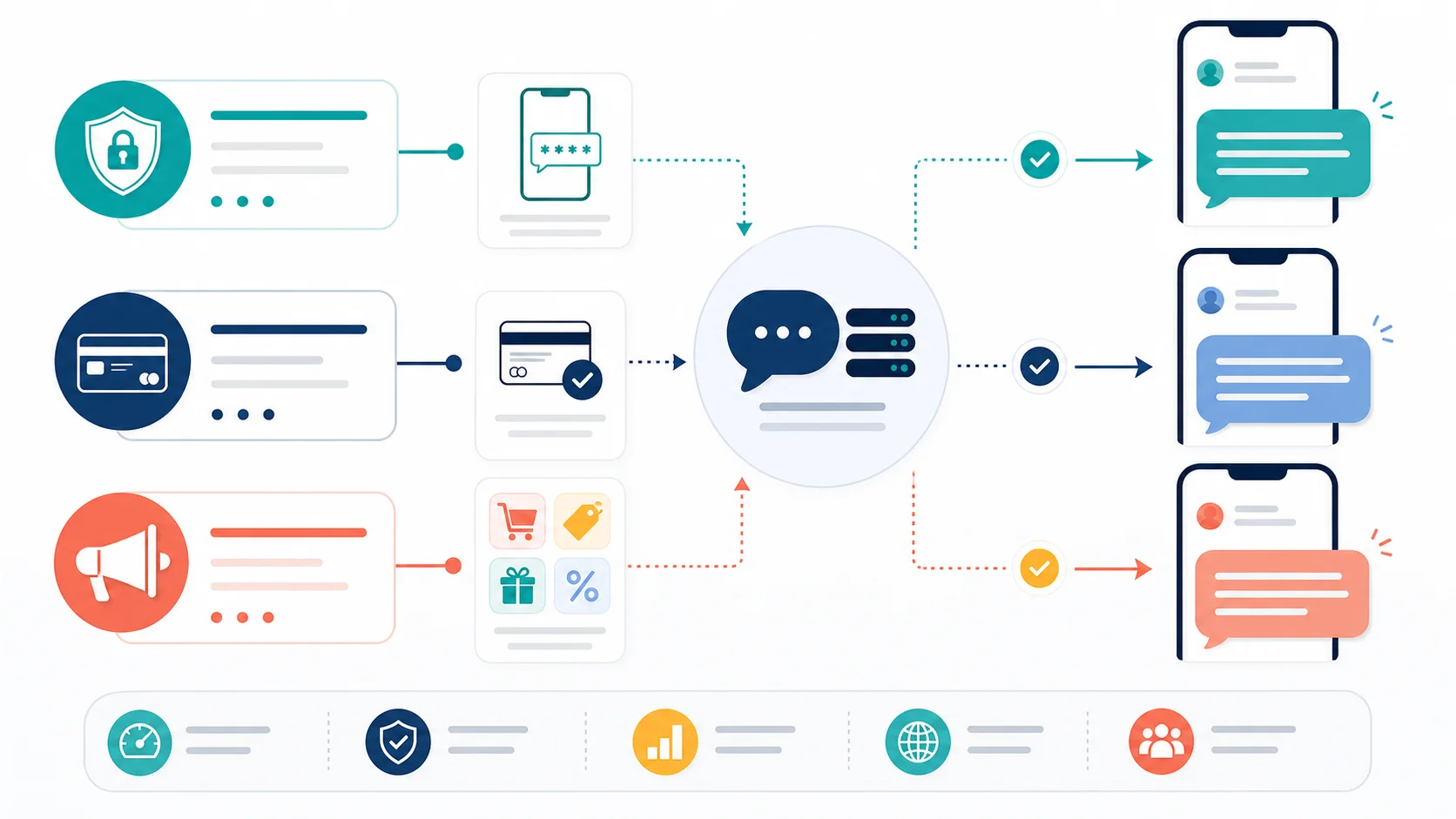 Abstract infographic showing OTP, transaction alert, delivery update, and campaign SMS flows to mobile phones.