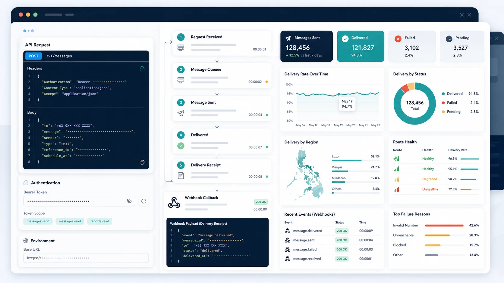 Clean SMS API dashboard mockup showing message requests, delivery receipts, webhook callbacks, and route health indicators.
