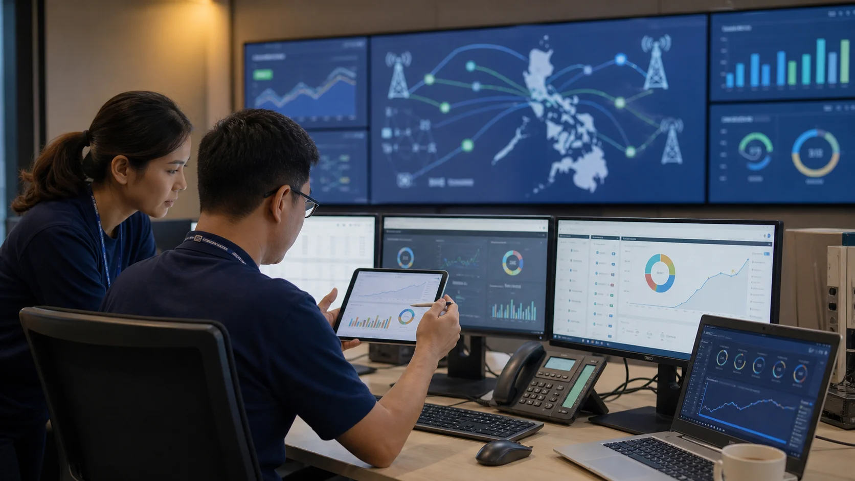 Technical staff reviewing SMS route quality dashboards and network coverage visuals for Philippine operator delivery.