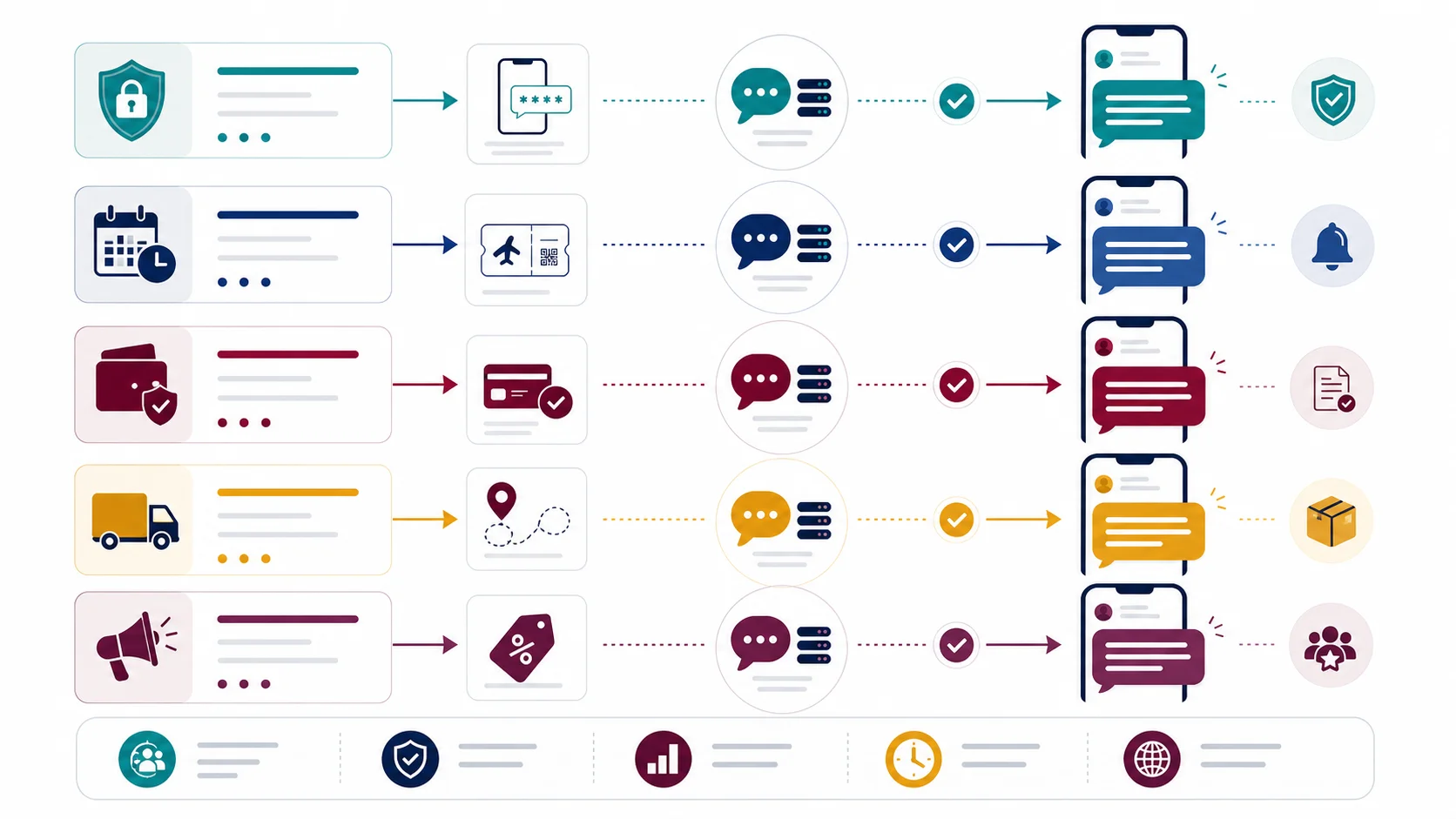 Abstract infographic showing OTP, booking alert, payment notification, logistics update, and campaign SMS flows to mobile phones in Qatar.