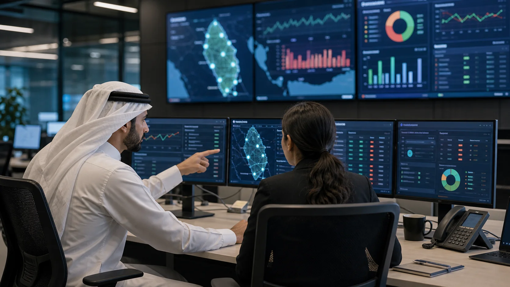 Technical staff in a network operations room reviewing bulk SMS delivery reports, route health dashboards, and common failure patterns for Qatar.