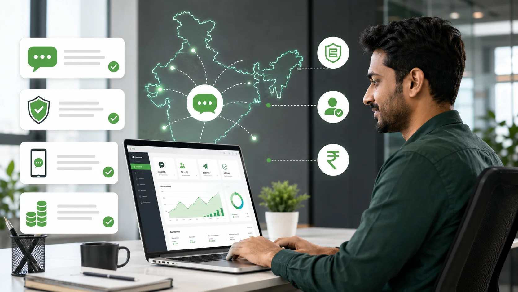 Indian entrepreneur reviewing an SMS gateway dashboard for a compliant SMS marketing business