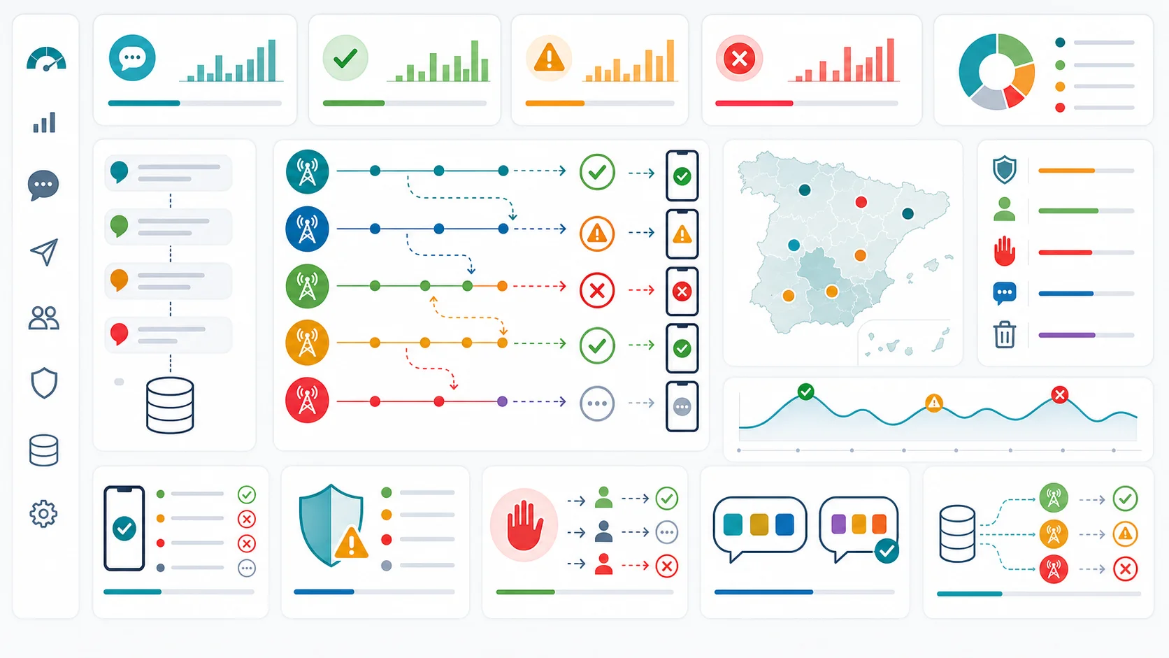 SMS delivery diagnostics dashboard showing consent-list issues, opt-out suppressions, regional copy gaps, operator route gaps, and template risks for Spain.
