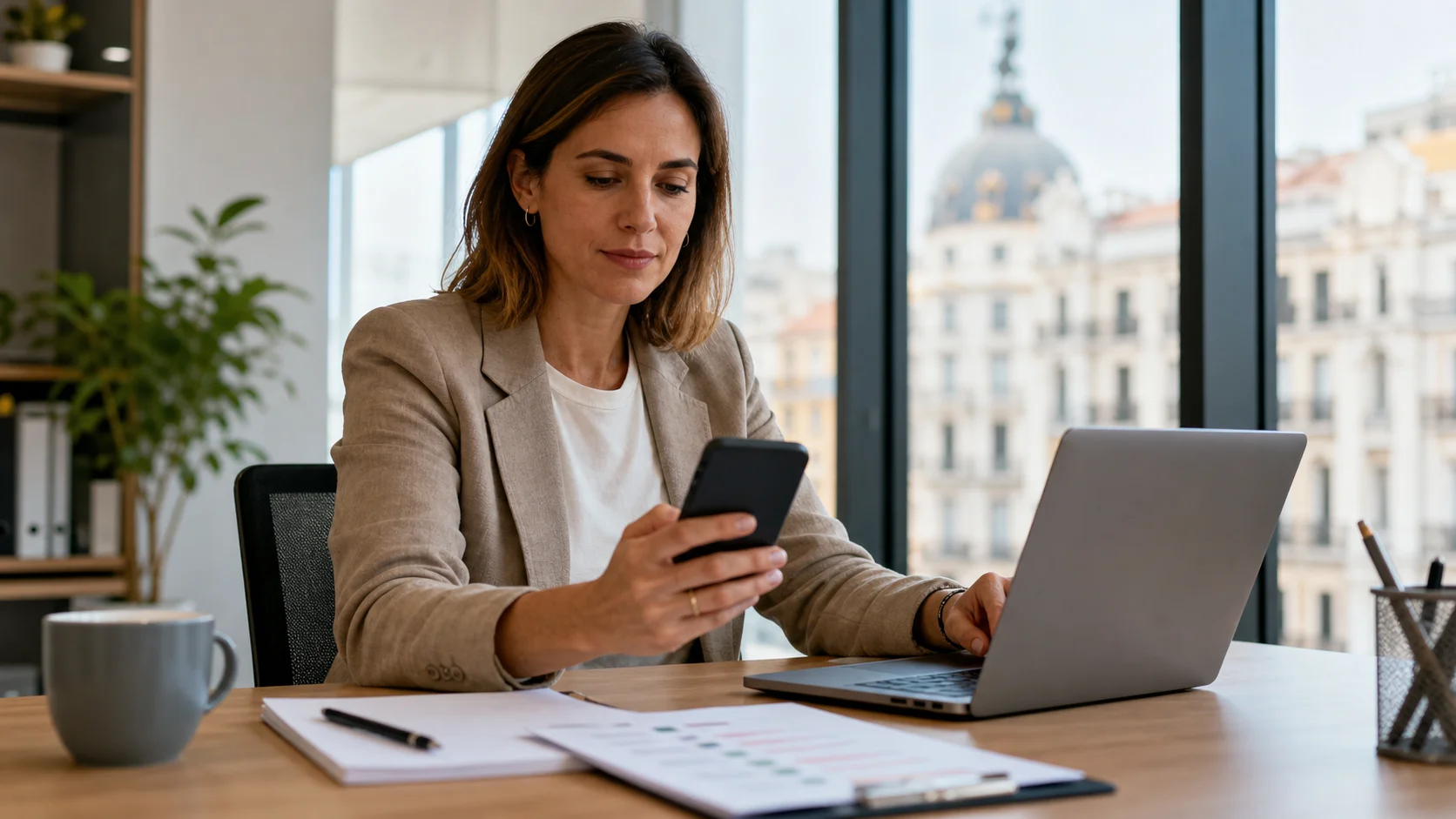 Spanish marketing operations professional reviewing SMS consent records, sender identity, and opt-out setup on a laptop and mobile phone.