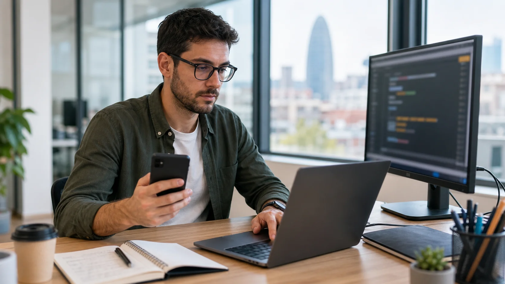 Spanish software developer testing an API SMS Espana workflow for OTP, notification, and bulk SMS delivery to Spain mobile numbers.