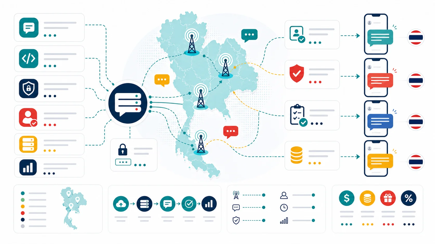 Abstract infographic map of Thailand showing SMS gateway routing, mobile signal towers, Sender ID approval, compliance-style checks, pricing factors, and message delivery paths.