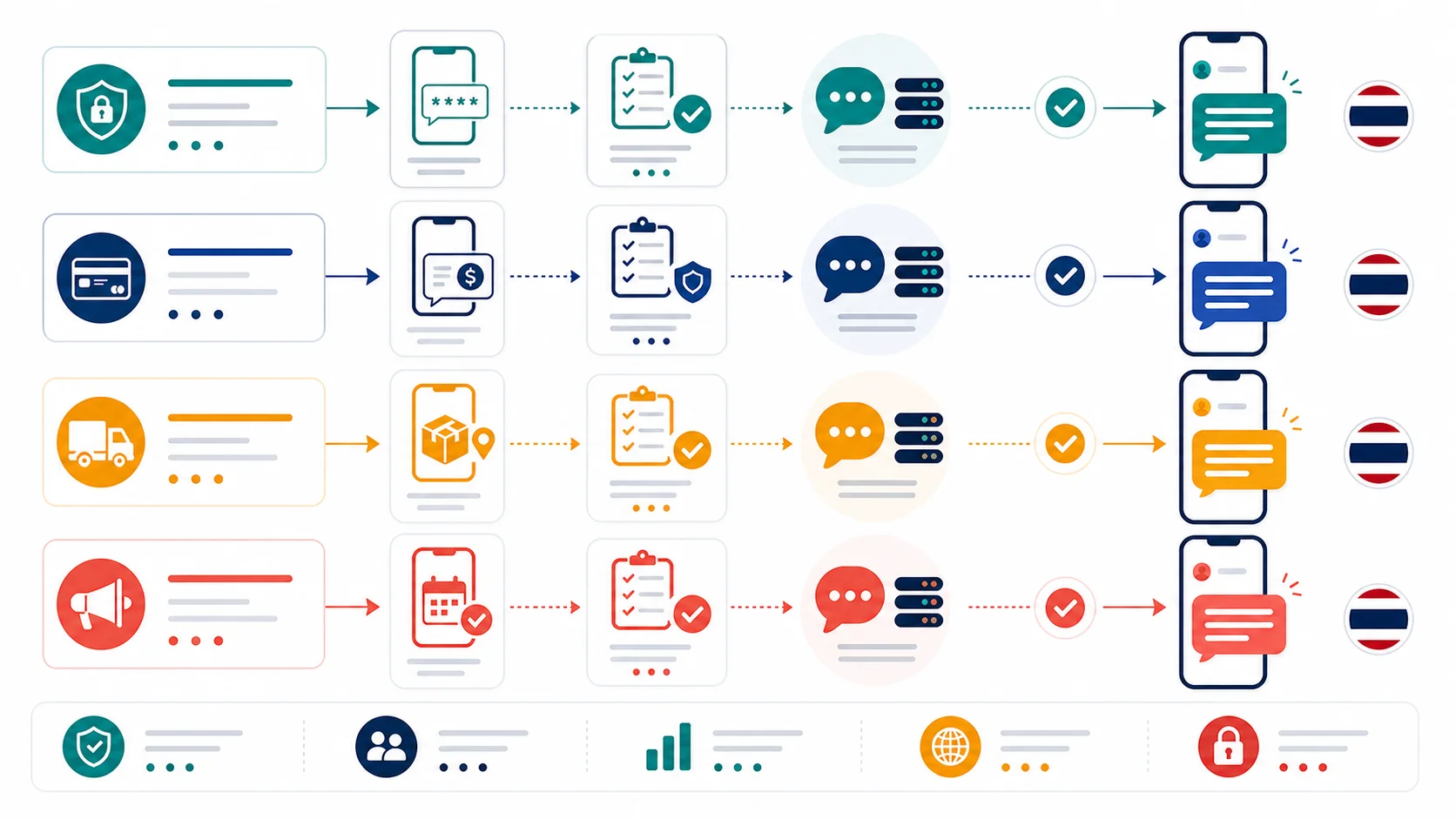 Abstract infographic showing OTP, payment alert, delivery notification, booking update, and campaign SMS flows with a compliance-check step for Thailand.