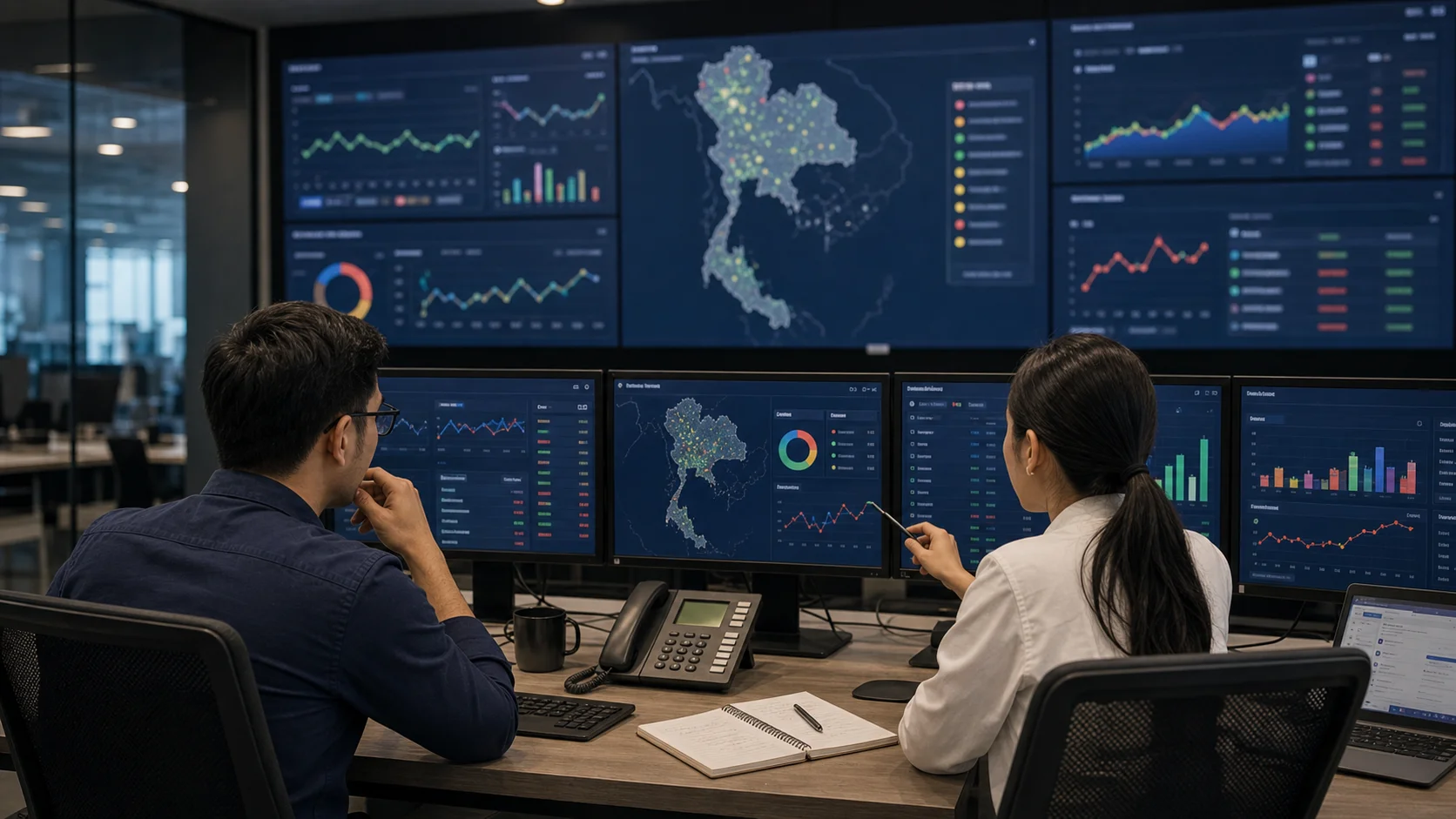 Technical staff in a network operations room reviewing SMS delivery reports, Thailand route health dashboards, Sender ID approval status, and common failure patterns.