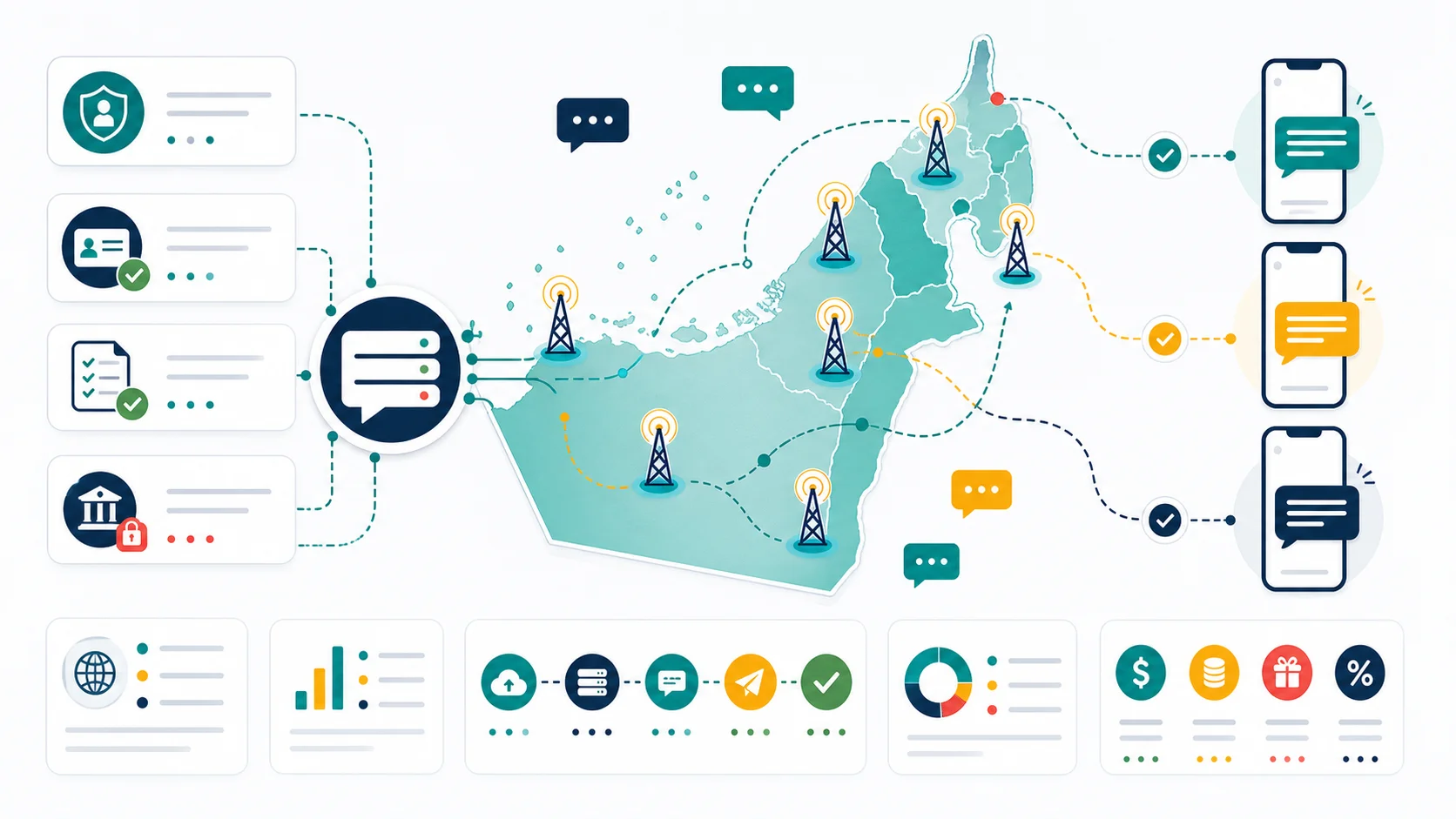 Abstract infographic map of the UAE showing SMS gateway routing, mobile signal towers, Sender ID approval, compliance-style checks, pricing factors, and message delivery paths.