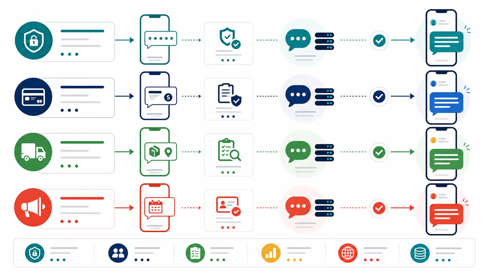 Abstract infographic showing OTP, payment alert, delivery notification, appointment reminder, and campaign SMS flows with a compliance-check step for the UAE.