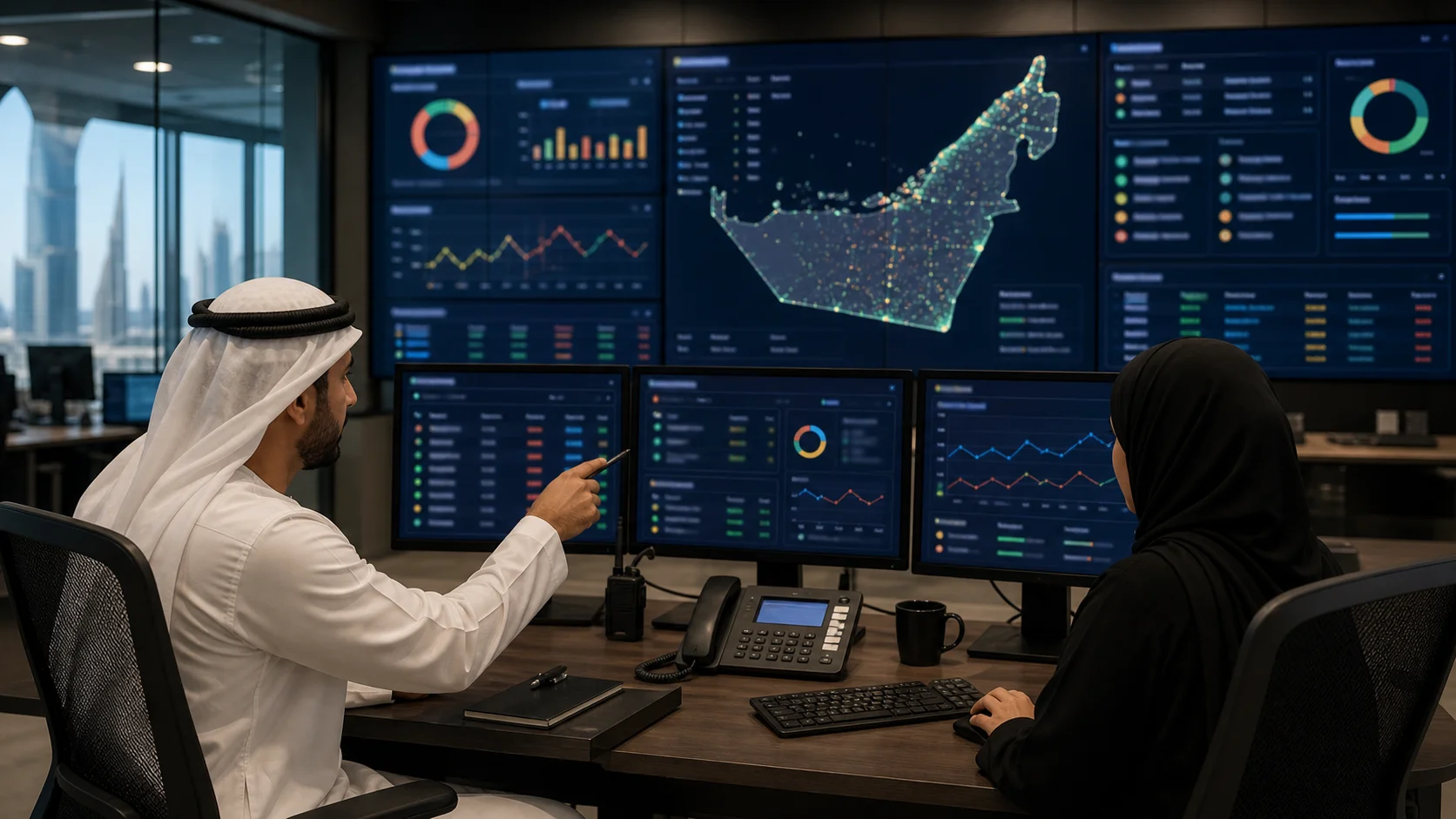 Technical staff in a network operations room reviewing SMS delivery reports, UAE route health dashboards, Sender ID approval status, and common failure patterns.
