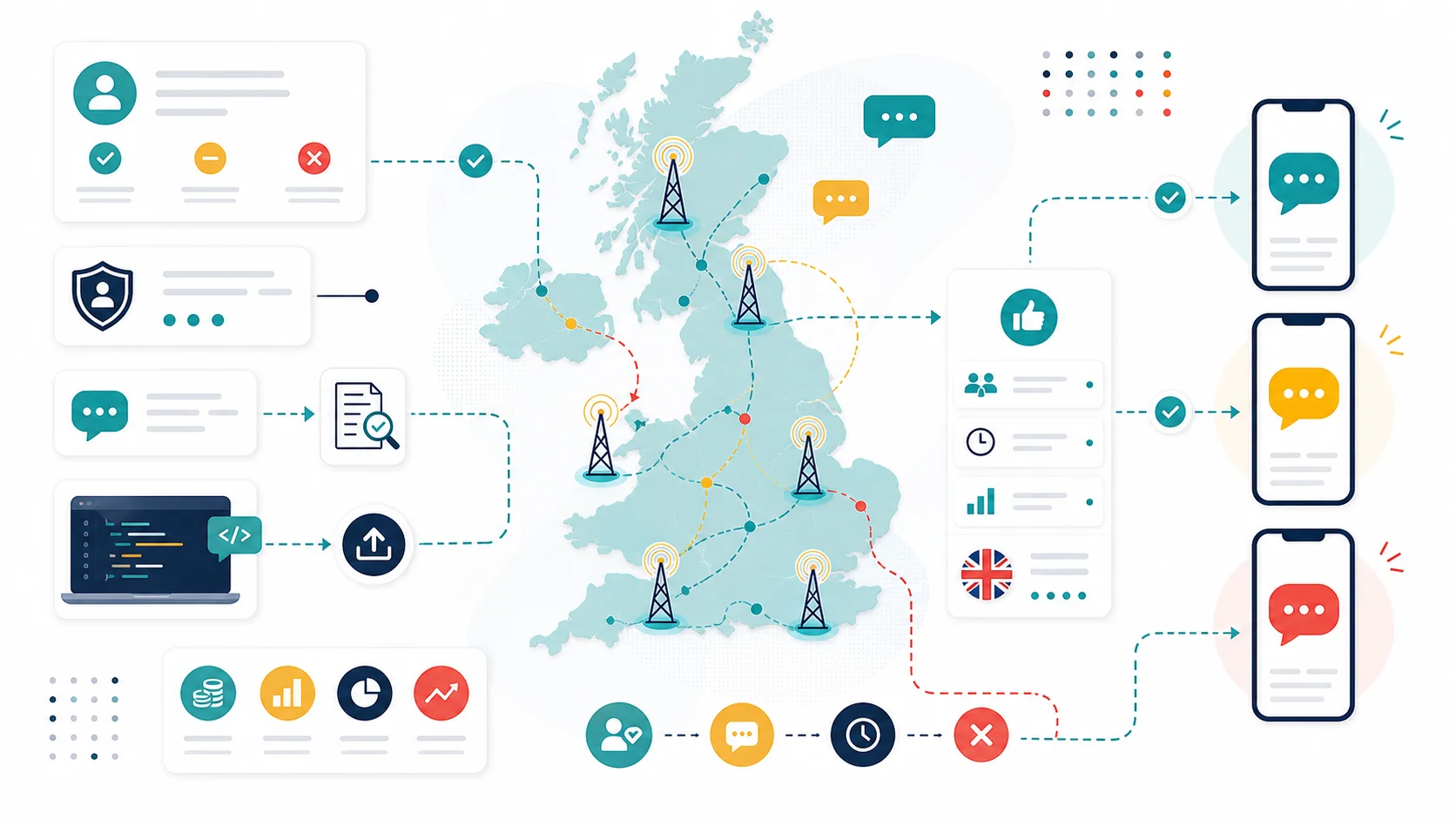 Abstract infographic map of the United Kingdom showing SMS marketing routing, mobile signal towers, opt-in checks, opt-out handling, sender identity review, and message delivery paths.
