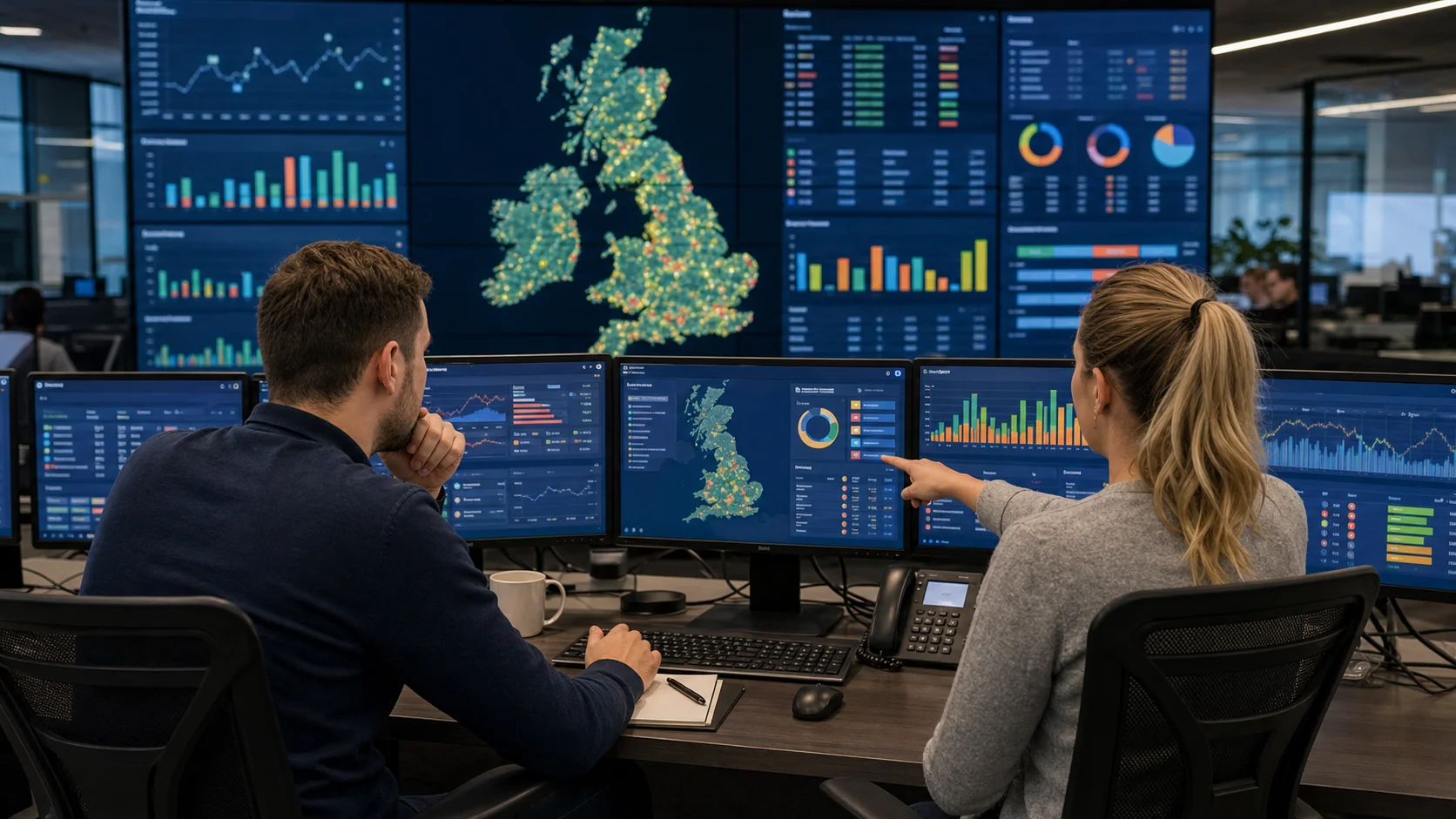 Technical staff in a network operations room reviewing SMS marketing delivery reports, UK route health dashboards, opt-out handling, and common failure patterns.