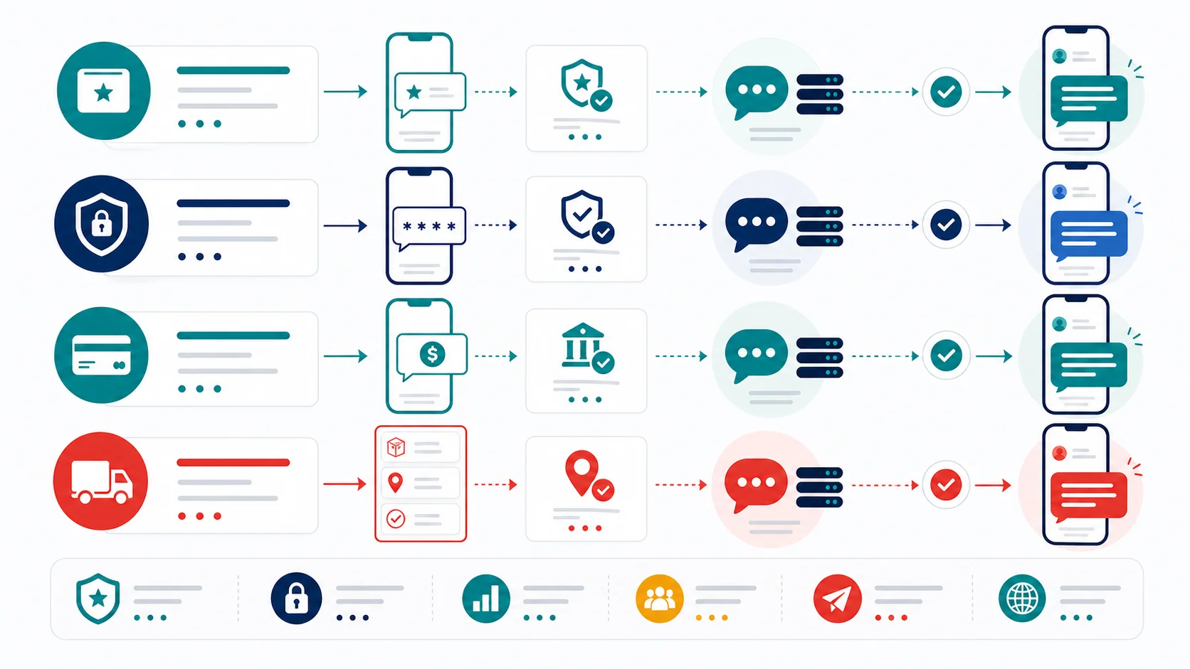 Abstract infographic showing Brandname sender messages, OTP, payment alerts, delivery notifications, booking updates, and campaign SMS flows in Vietnam.