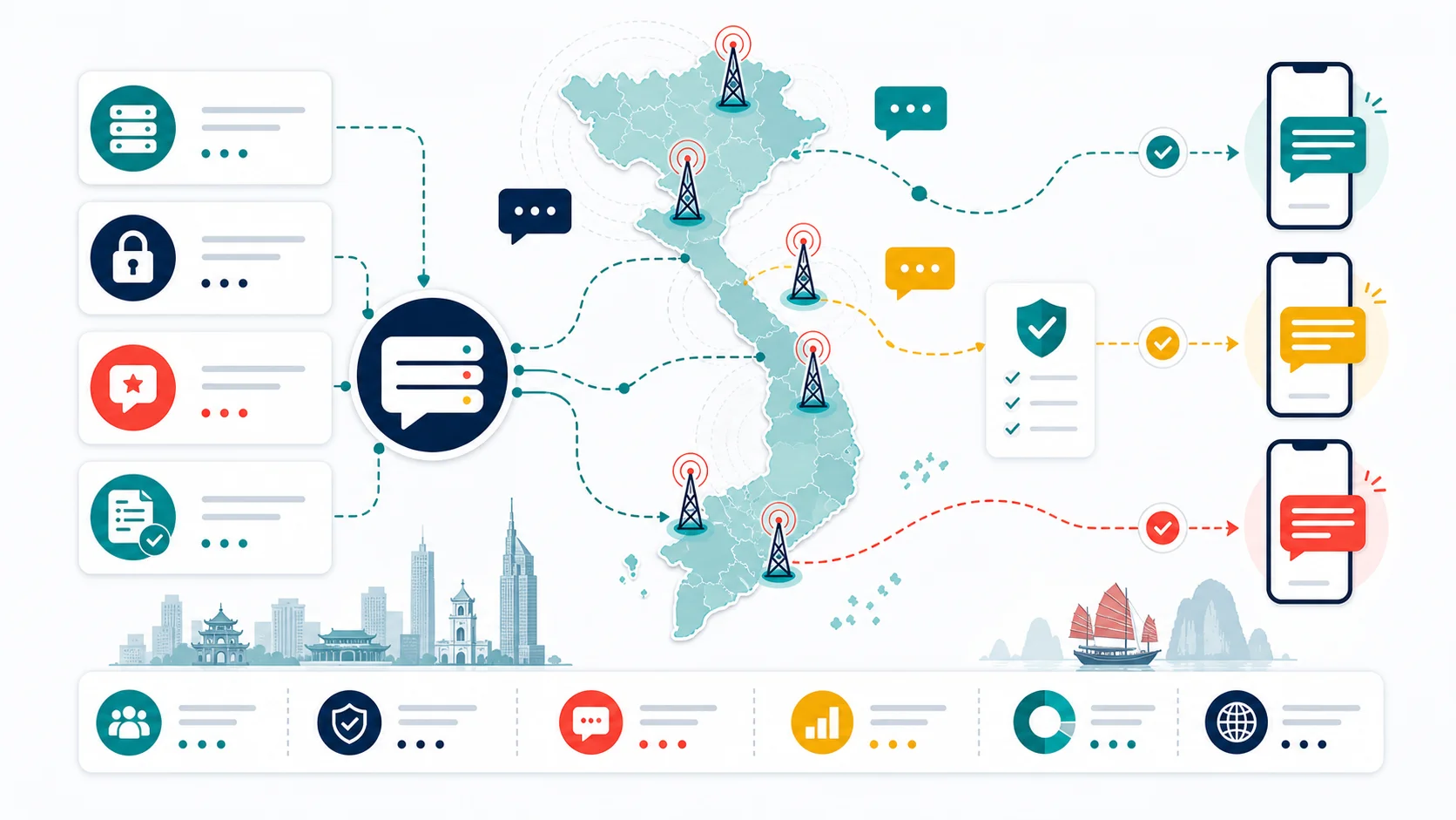 Abstract infographic map of Vietnam showing SMS gateway routing, mobile signal towers, Brandname Sender ID checks, compliance-style review, and message delivery paths.