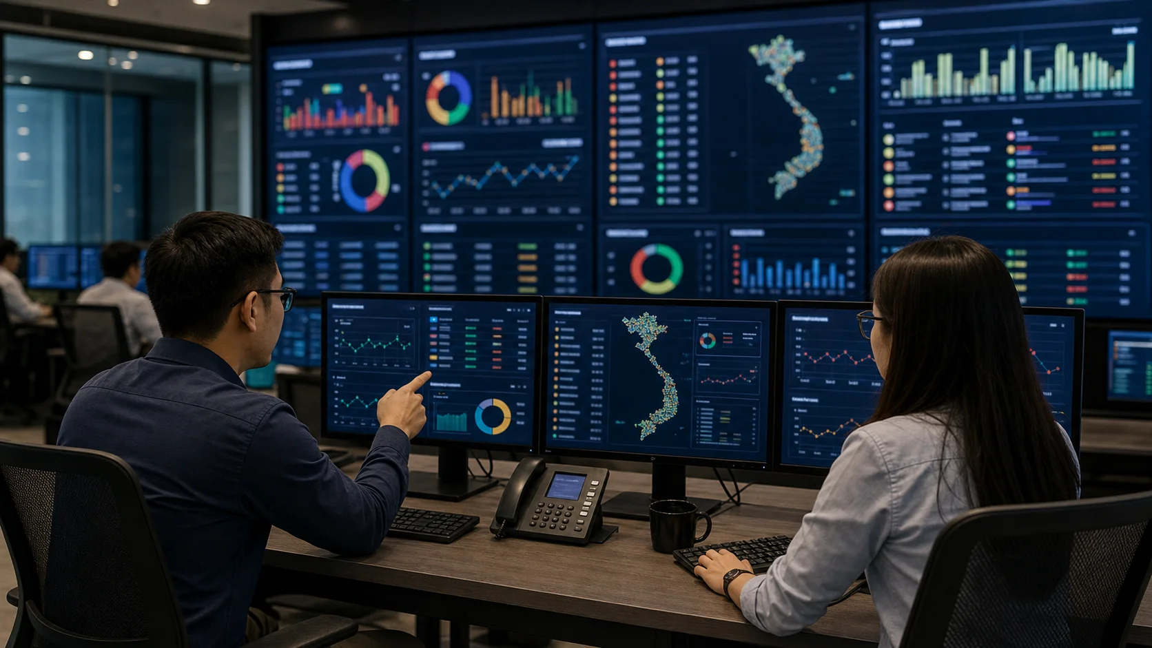 Technical staff in a network operations room reviewing SMS delivery reports, Vietnam route health dashboards, Brandname Sender ID status, and common failure patterns.