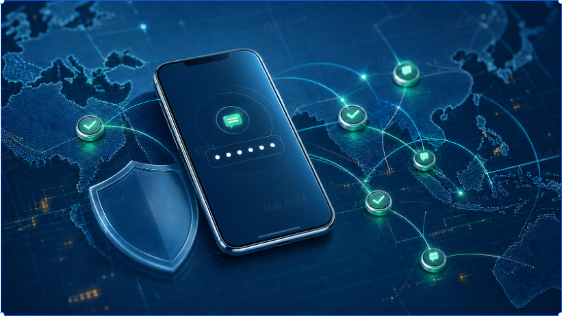 Smartphone verification screen connected to secure OTP delivery routes across Southeast Asia and the Middle East